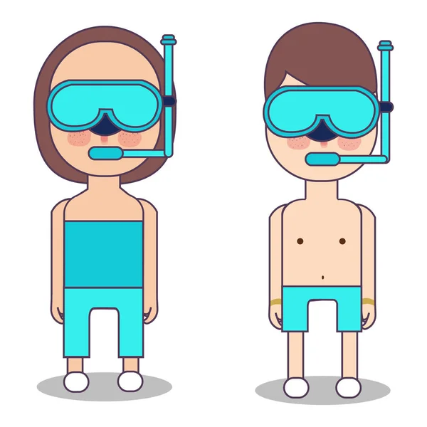 Chlapec Dívka Potápění Potápění Maska Vybavení Plavání Pod Mořskou Dovolenou — Stockový vektor