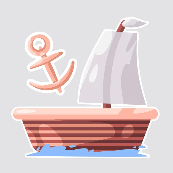 wooden boat water sea sail boat ship with anchor transportation ocean nautical maritime illustration sticker vector