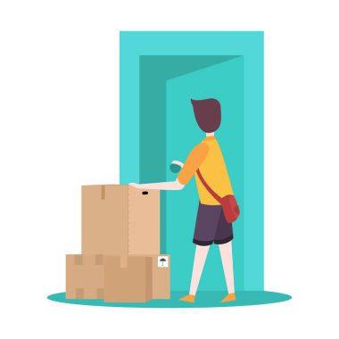 Kurye işi lojistik şirketi sevkiyat sektörü dağıtımı ve karton teslimat siparişini ev müşteri vektörüne taşımak
