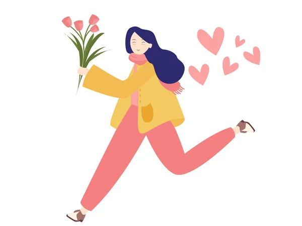 Girl Running Fast Holding Pink Flower Rose Full Love Shape — Stock Vector