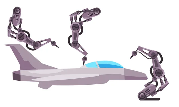 喷气式战斗机军用机械臂机器人生产线制造过程自动化矢量 — 图库矢量图片
