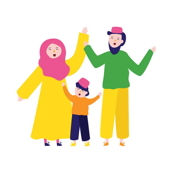 Moglie Marito Figlio Musulmano Felice Famiglia Indossa Hijab Islam Religione — Vettoriale Stock