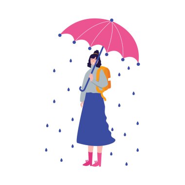 Şemsiyeye dayanıklı, yağmurlu hava koşulları yağmur damlası ve sırt çantası taşıyıcısı takan güzel bir kız gülümsemesi.