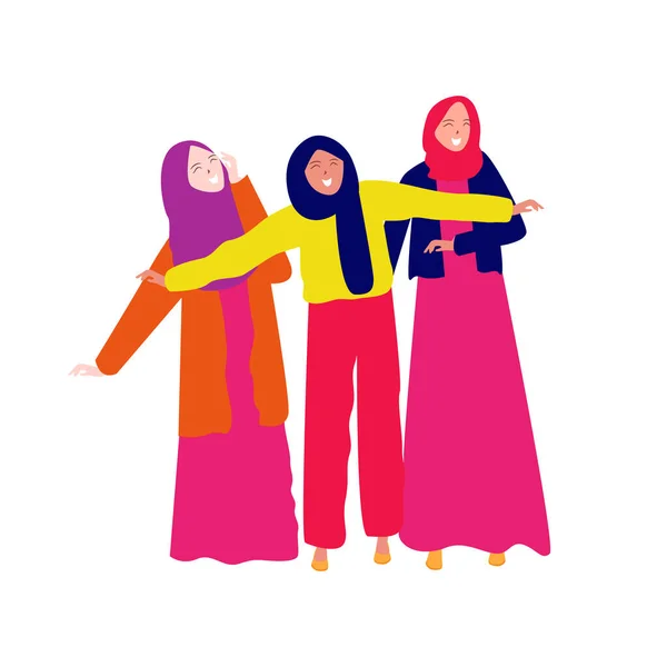 Tres Chicas Musulmanas Usando Hijab Juntos Amistad Sonrisa Dentada Expresión — Vector de stock