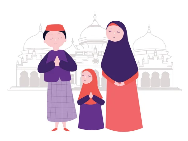 Keluarga Muslim Agama Ayah Dan Anak Mengenakan Hijab Ucapan Bahagia - Stok Vektor