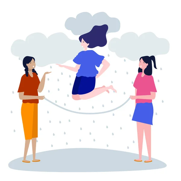 Mädchen Spielen Seilspringen Spaß Fröhlich Freude Aktivität Freien Regentropfen Bewölkt — Stockvektor