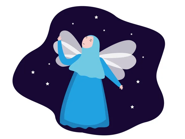 Крыло Феи Летающие Мусульманские Девочка Носить Хиджаб Небо Сверкающие Звезды — стоковый вектор