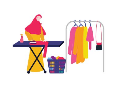 Giysileri ütülemek ev aletleri elektrikli teçhizat birçok kumaş moda tarzını güzel tesettürlü kız vektörüyle temizle