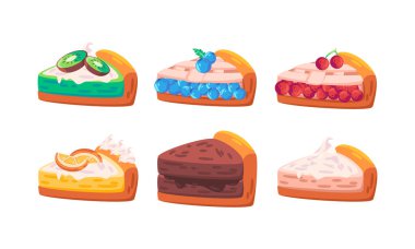 Bir parça tatlı tatlı tatlı tatlı pasta aromalı kivili, kirazlı, portakallı, çikolatalı ve kremalı lezzetli yemek vektörü.