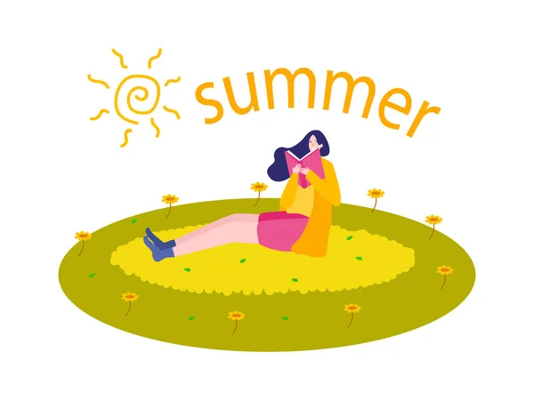 Sommersaison Schöne Junge Mädchen Lesen Buch Lernen Bildungswissen Freien Grüne — Stockvektor