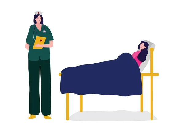 Paciente Doente Dormindo Leito Hospitalar Recuperação Tratamento Saúde Mulher Enfermeiro —  Vetores de Stock