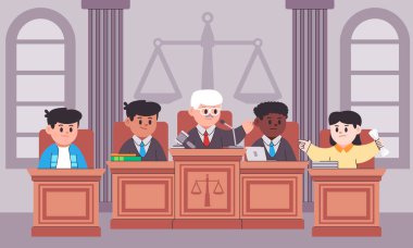 Mahkeme salonu yargıcı sistemi hukuki soruşturma davaları profesyonel mahkum mahkemesi illüstrasyon vektörü