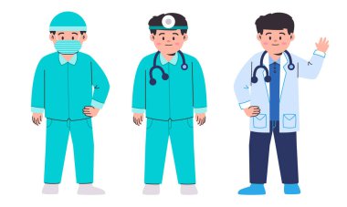 Tıbbi kadrolu cerrah ve doktor sağlık ekibi çizgi film düz çizgi film çizim çizimi resim çizimi profesyonel iş vektörü ayakta