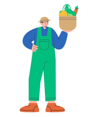 Bahçıvan vektörü düz çizim çiftçisi elinde sepet dolusu sebze tutuyor.