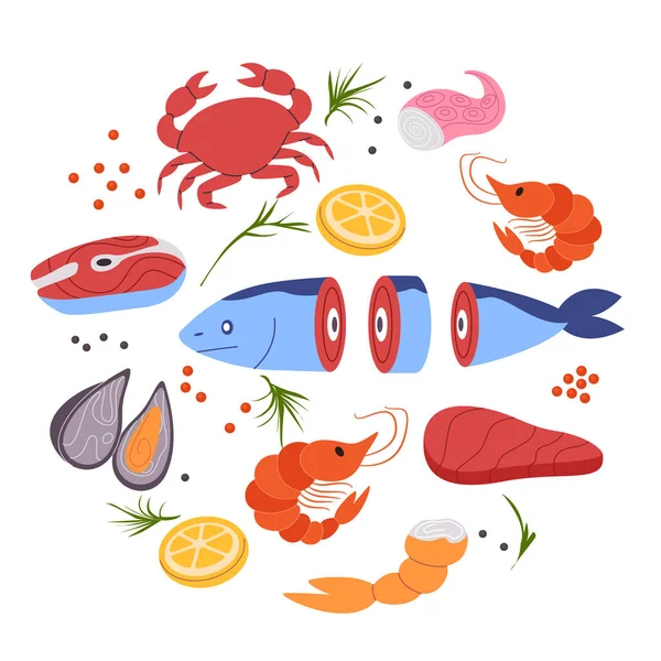 Seafood Collection Set Vector Drawing Illustration Flat Fish Shrimp Crab — Stock Vector