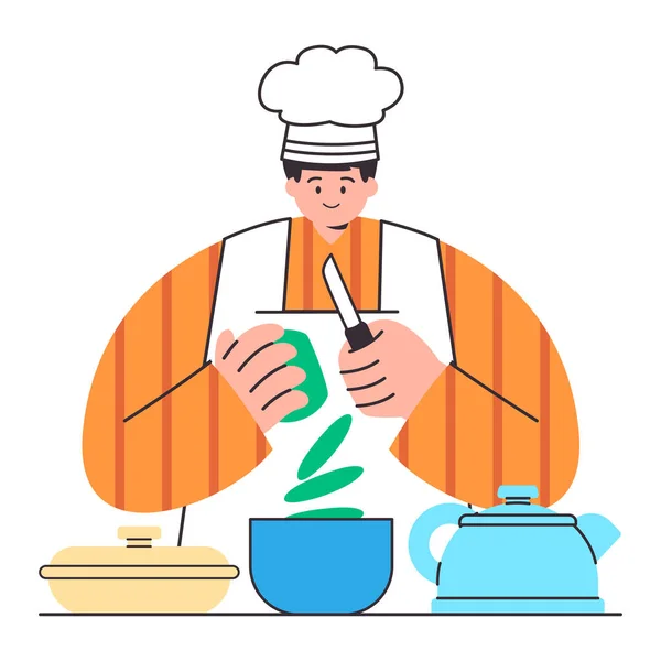 Chef Cuisine Préparer Coupe Tranche Coupe Légumes Concombre Dessin Animé — Image vectorielle