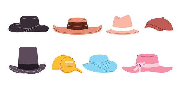 Hat collection set of flat illustration head dress fancy brim beret cowboy cap man woman flat illustration vector