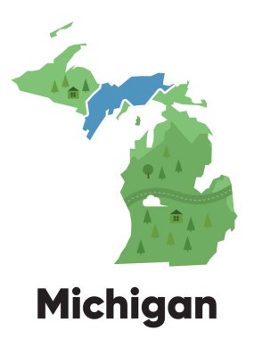 Michigan harita şekli Amerika Birleşik Devletleri yeşil orman el çizimi ağaç arazi vektörü ile çizgi film biçimi