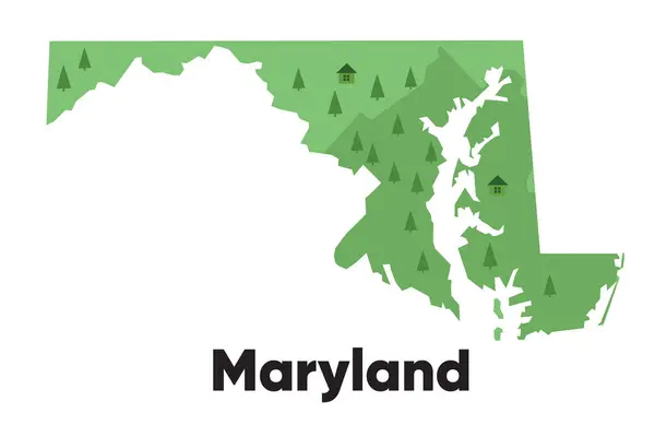 メリーランド州の地図形 アメリカ合衆国緑の森の手は木の旅行地形のベクトルが付いている漫画様式を描きました — ストックベクタ