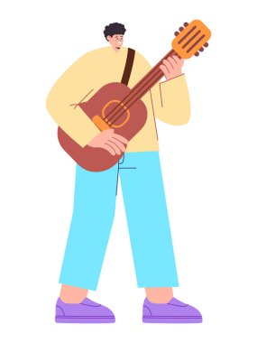 Gitar çalan adam tek başına gitar gitaristi düz renkli resimli genç performans karikatür vektörü