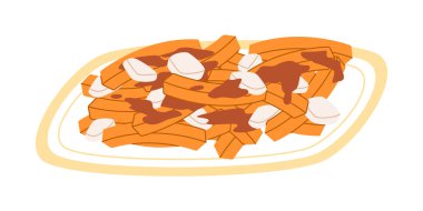 poutine geleneksel yemek Kanada patates kızartması peynirli ve soslu lezzetli aperatif vektörü