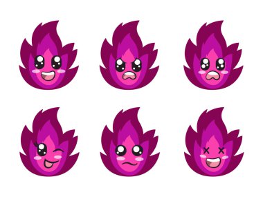 mor renk ateş karakteri gülümsemesi mutlu üzgün göz kırp ve neşeli jest vektörü