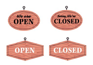 Kapalı tahta levha ambarını aç Ön etiketi yuvarlak, yakın vektör