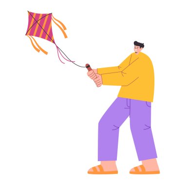 Genç adam güler yüz ifadesi Uçurtma eğlenceli oyun eğlenceli eğlence aktivite vektörü oynuyor