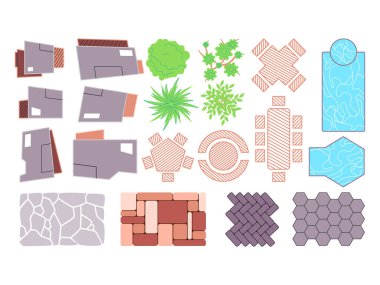 Üst görünüm mimari ev yapımı havuz taşı ve sandalye tablosu altyapı vektörü