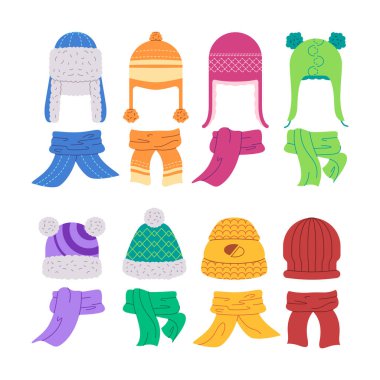 Renkli kış şapkaları ve eşarp şalları soğuk elbiseler, kalın giysi, aksesuar vektörü giyerler.