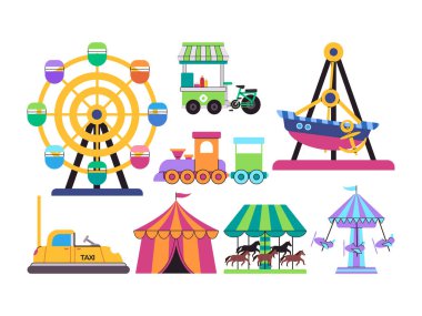 Lunapark, dönme dolap, atlıkarınca çarpışan araba ve çadır sirki eğlence festivali vektörü ayarlayın.