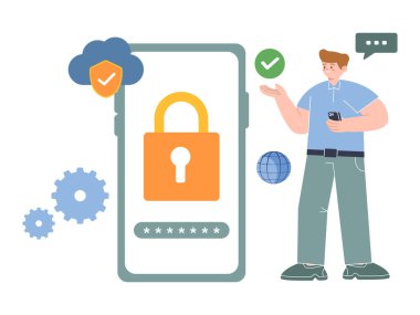 Kilitli asma kilit şifresine sahip cep telefonu güvenlik ekranı ve ayakta duran adam siber güvenlik yazılım vektörünü açıkla