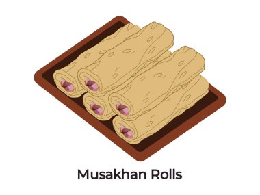 Musakhan, soğanlı kızarmış tavuktan yapılan ve tortilla gevreğine sarılı leziz yemek vektörüne sarılmış Filistin yemekleri yuvarlıyor.