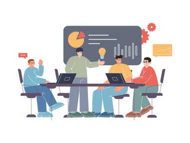 Birlikte yaratıcı projeyi tartışarak masabaşı renkli kıyafetlerle beyin fırtınası yaparak gündelik vektör oluşturduk.