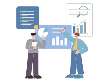 İş veri analizi, analitik şirket iş ortaklığı, iş ortaklığı, grafik grafik çizelgesi, görev listesi, karakter, iki insan birlikte çalışıyor.