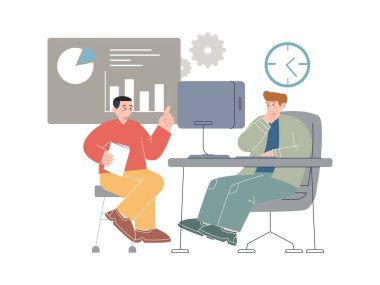 Bir müşteri özeti ile brifing konuşma iletişim etkileşimi sosyal problem işbirliği birlikte çalışma iş yaratıcı iki adam birlikte çalışır vektör.