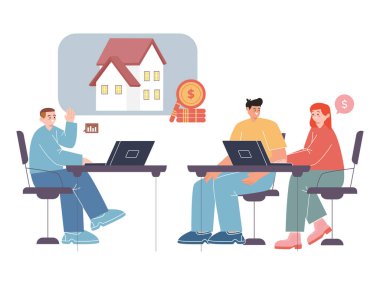 Emlakçı danışman müvekkil konuşuyor karar seçimi anlaşması ev mülkiyeti istişare tasarım illüstrasyon vektörü