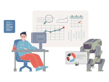 Robotik işlem otomatik robot teknolojisi yapay akıllı fütüristik yapay zeka makine bilgisayarı tam kontrollü tasarım çizim vektörü yarattı