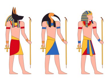 Mısır Tanrısı Tanrıçası, Mısır 'dan sonraki tanrılar Anubis Thoth Firavun' un çakal kuşu köpek kafası tasarım illüstrasyon vektörü