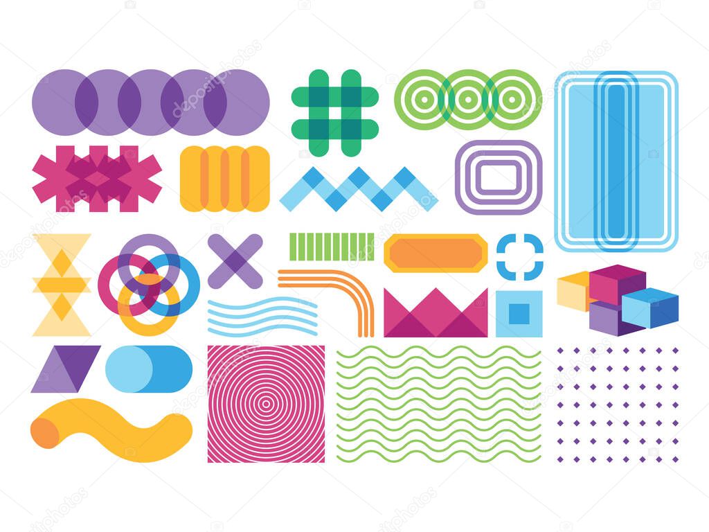 Memphis modern retro brutalist art style shapes icons elements collection colorful abstract design vector