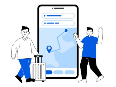 Harita rotası mobil uygulama kılavuzu navigasyon arkadaşları büyük akıllı telefon ekranı siyah beyaz illüstrasyon vektörü seyahat