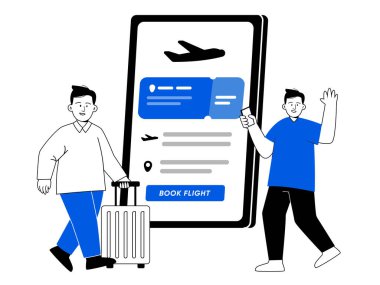 Gezgin, akıllı telefondan online rezervasyon bileti satın aldı. Siyah-beyaz, mavi çizim vektörü olan büyük ekran rezervasyon uçuşu.