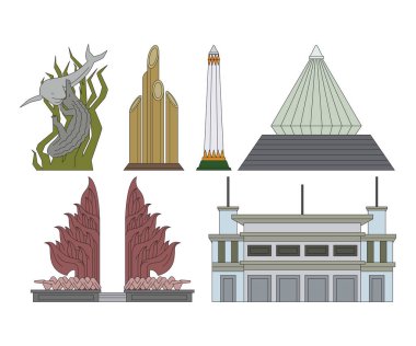 Surabaya Indonesia landmarks iconic place tourist destination Hero monument Suro and Boyo statue monument Hotel Yamato East Java set collection vector clipart