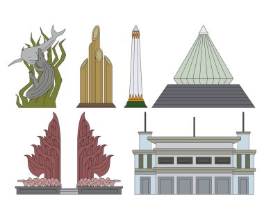 Surabaya Indonesia landmarks iconic place tourist destination Hero monument Suro and Boyo statue monument Hotel Yamato East Java set collection vector clipart