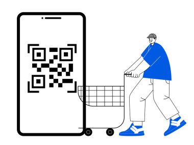 QR kodu dijital ödemeci alışveriş arabası satın aldı. Akıllı telefon çizimi. İki ton mavi ana hat vektörü.