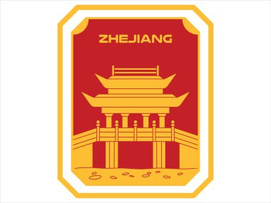 Çin 'in doğusundaki Zhejiang vilayeti Metropolis tapınağı. Posta kartı poster tasarım ikonu.