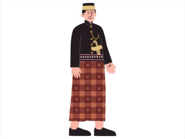 Bugis geleneksel kıyafet Endonezya Güney Sulawesi kabile geleneği kıyafet Bodo elbise Ulos Songket kültür renkli tasarım ikonu set vektörü