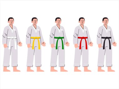 Karate Taekwondo Jiu-jitsu Aikido Judo martial arts suit uniform self-defense athlete waistband belt clothing Keikogi Dobok clothes sport wear colorful design icon set collection vector clipart