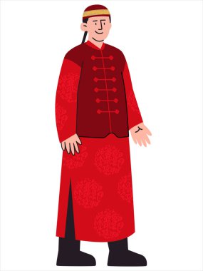 Manchu Neitao Çinli geleneksel adam Qipao kırmızı elbise Çin geleneği kültürel elbise tasarım ikonu renkli vektör seti