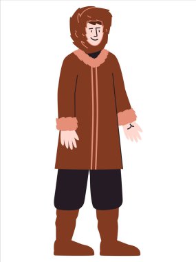 İnupiat 'lı adam Amauti parka giyiyor. Eskimo kıyafetleri giyiyor. Alaska kültürü gelenek elbisesi.